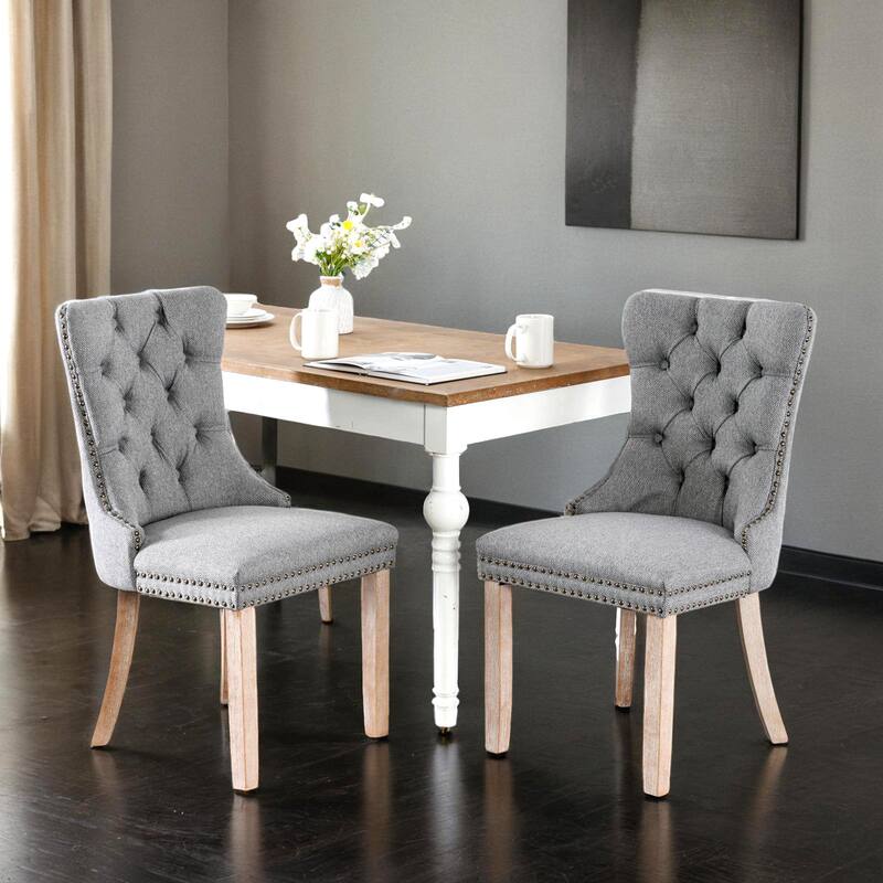 High-end Tufted Solid Wood Contemporary Flax Upholstered Dining Chair with Wood Legs Nailhead Trim 2-Pcs Set