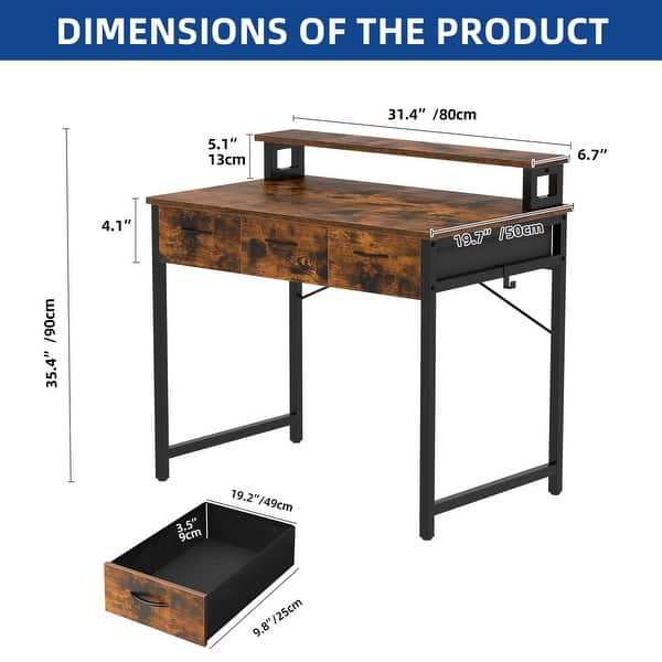 dimension image slide 0 of 4, Moasis Small Computer Desk with Fabric Drawers and Monitor Stand