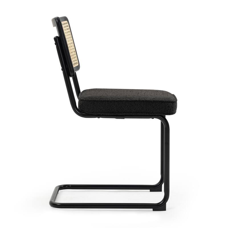 Set of 2 Aziel Black Boucle Dining Chair with Rattan Backrest and Black Iron Legs
