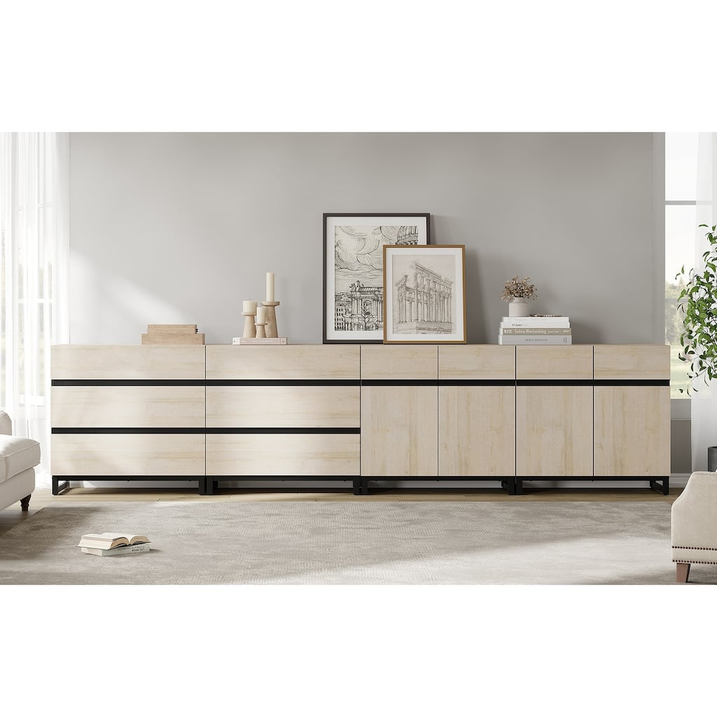 Modern Wooden Dresser with 6 Drawers and Adjustable Shelves, Metal Base Storage Chest