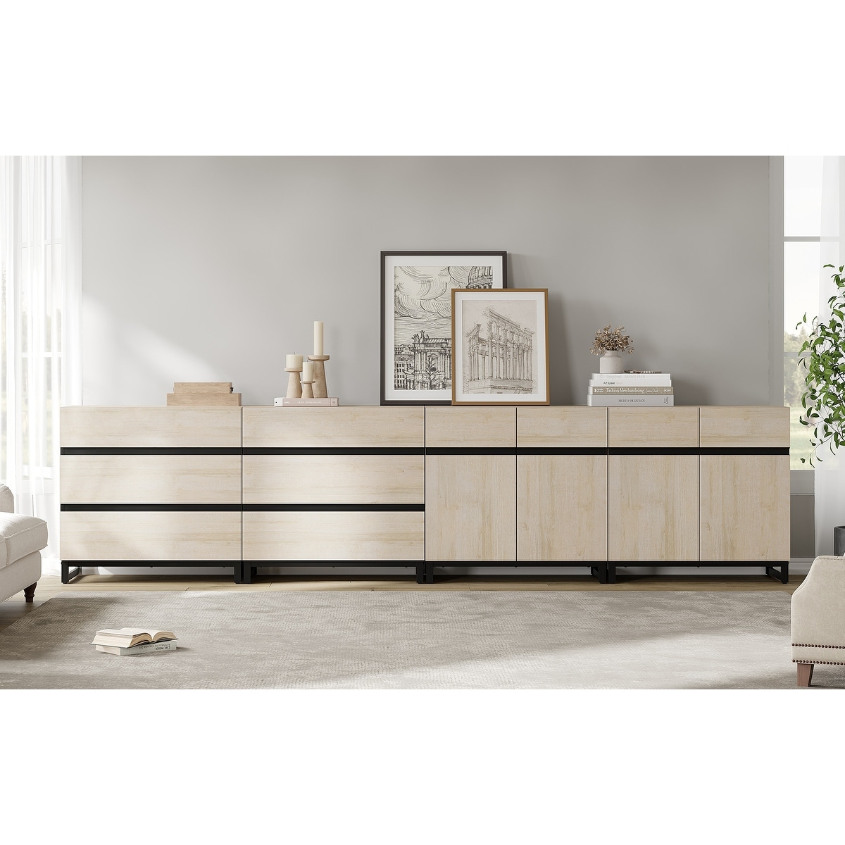 Modern Wooden Dresser with 6 Drawers and Adjustable Shelves, Metal Base Storage Chest