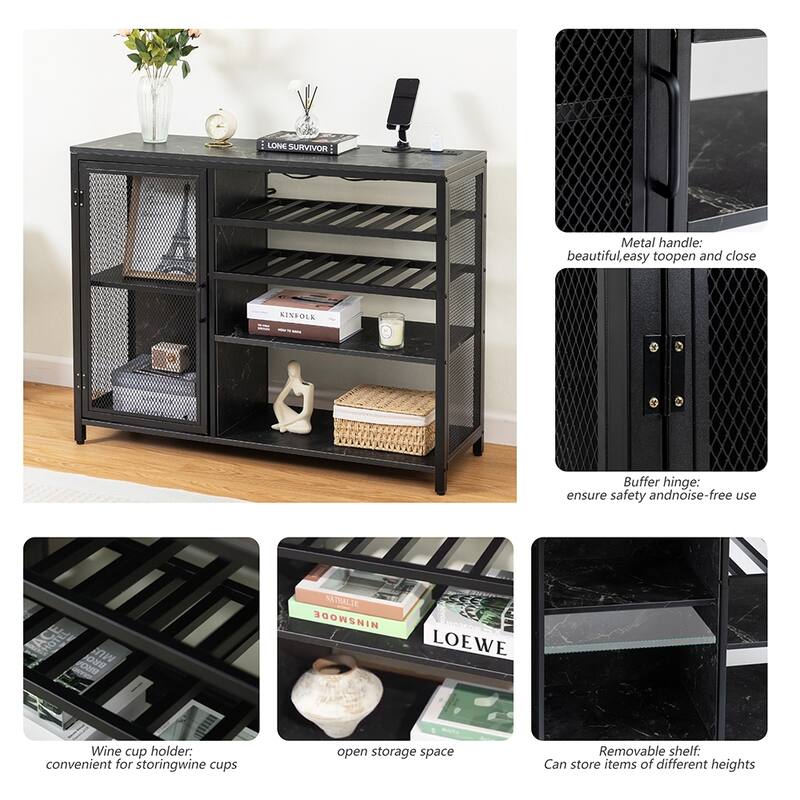 Modern Bar Sideboard Buffet Storage Cabinet with LED Lights and USB Socket, Black Wine Bar Cabinet - 43.31In*13.78in*32.87in