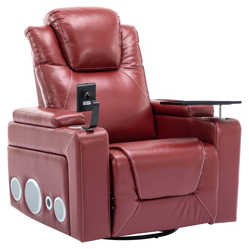 270 Degree Swivel PU Leather Power Recliner Individual Seat Home Theater Recliner with Surround Sound， Removable Tray Table