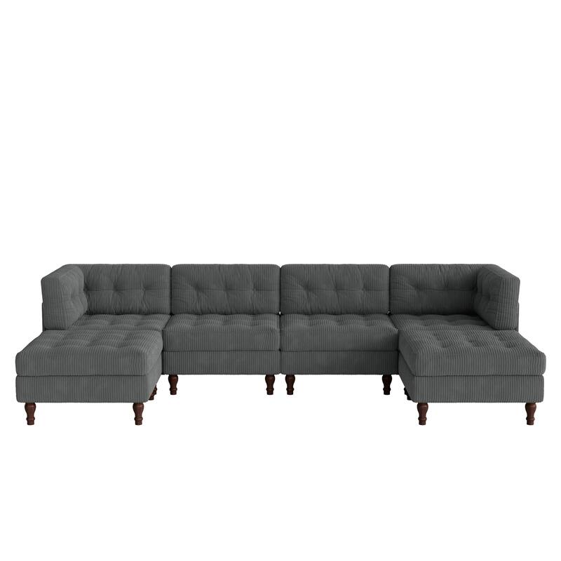 130"W Corduroy Upholstered Modular Sectional Sofa with Storage Ottoman