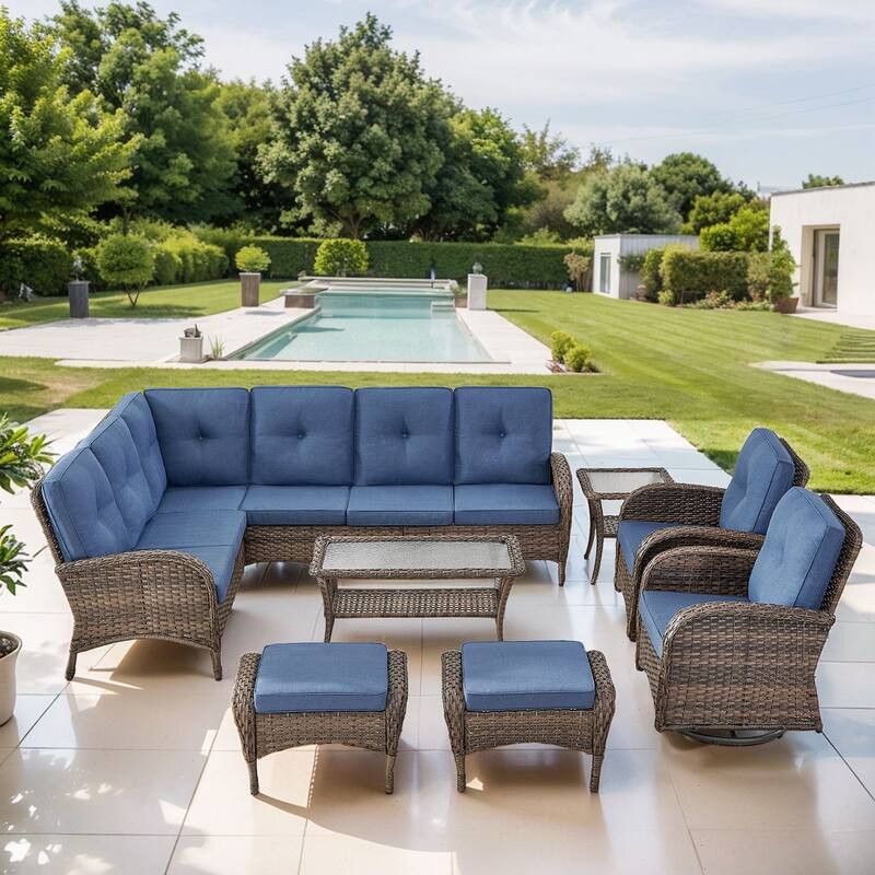 Gymojoy L-Shaped Outdoor Sectional Sofa Set, PE Wicker Couch with Water-Resistant Olefin Cushions - 7-Piece included Swivel Chairs - Blue