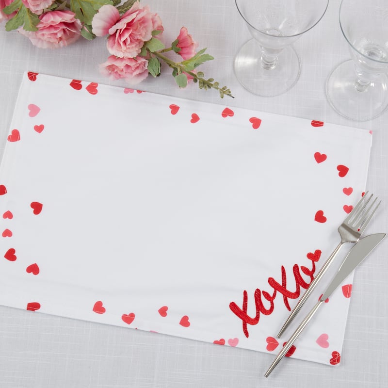 XOXO Heart Scatter Placemats (Set of 4) - Embroidered Script with Printed Heart Border, 12"x18"