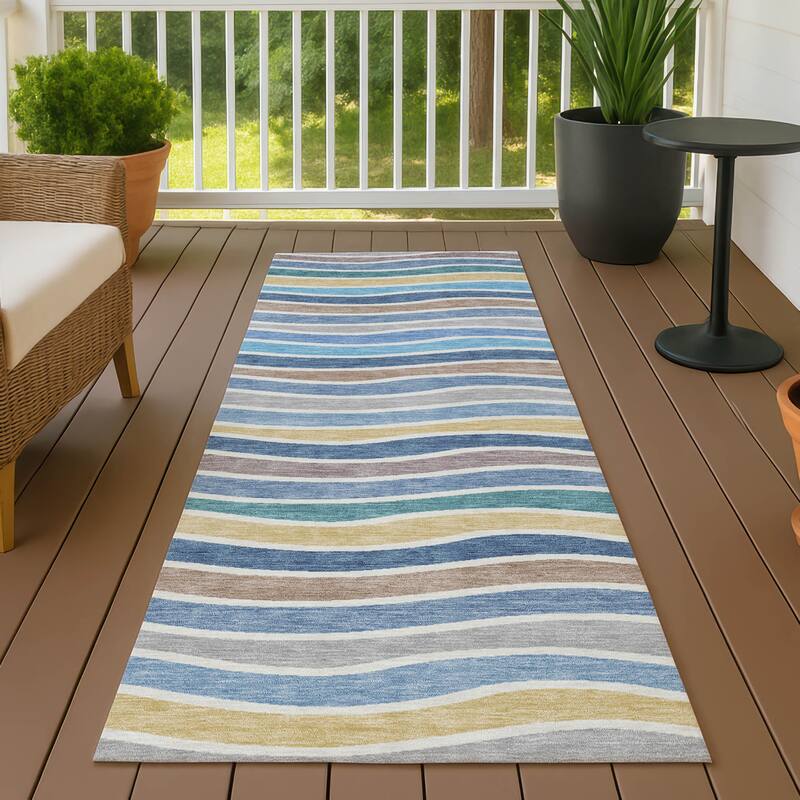 Machine Washable Indoor/ Outdoor Contemporary Stripe Chantille Rug - Blue - 2'3" x 7'6"