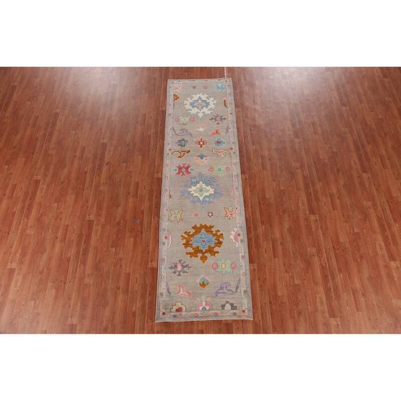 Hand Knotted Oriental 100% Wool Carpet Transitional Floral Greys & Charcoal Oushak Runner Rug - 9' 11'' X 2' 9''