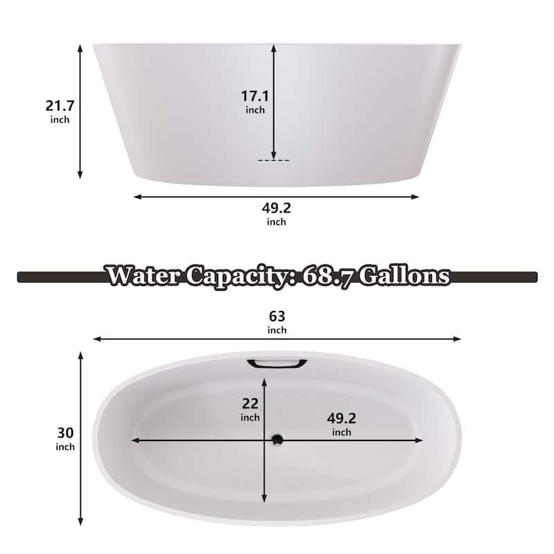63 in. x 30 in. Solid Surface Stone Resin Freestanding Soaking Bathtub in. White with Tub Grab Bar and Drain Assembly