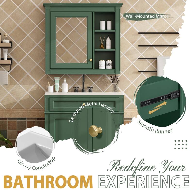 GDFStudio - Montvale Modern Freestanding Bathroom Vanity Set with Mirror Cabinet, Resin Sink & a Tip-out Drawer - 30'W