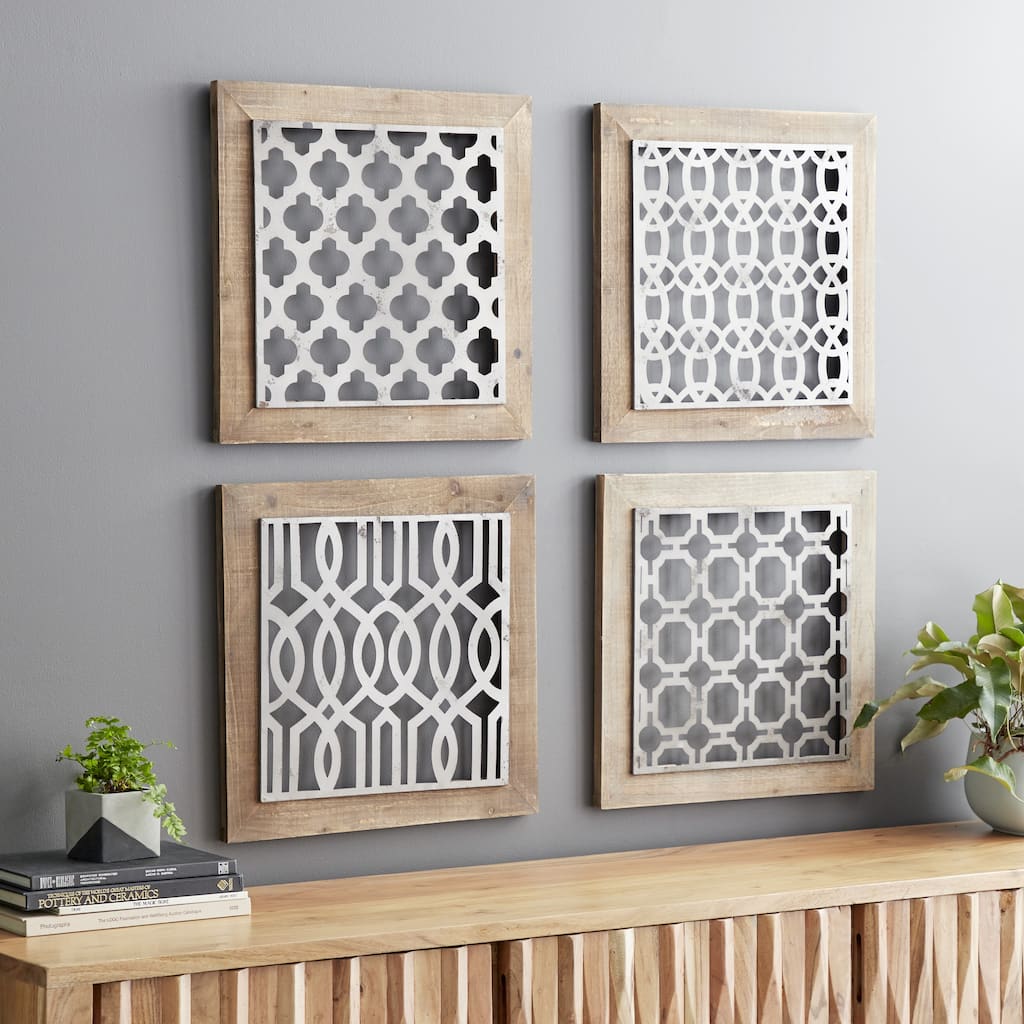 Brown Wood Geometric Home Wall Decor with Silver Metal Trellis Cutouts (Set of 4)