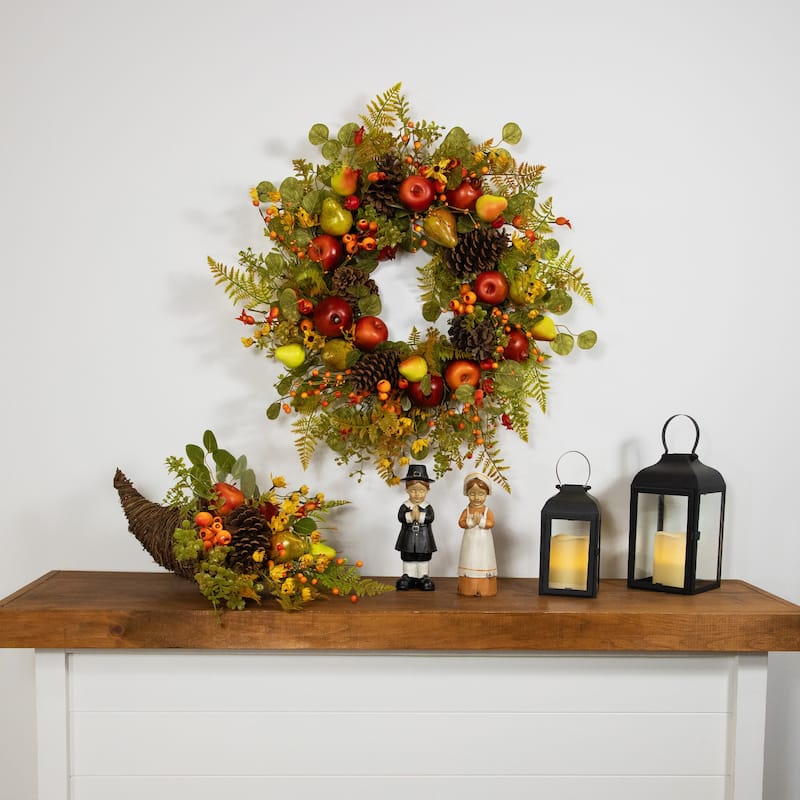 Apples, Berries and Pears Artificial Fall Harvest Cornucopia - 20" - Brown and Green