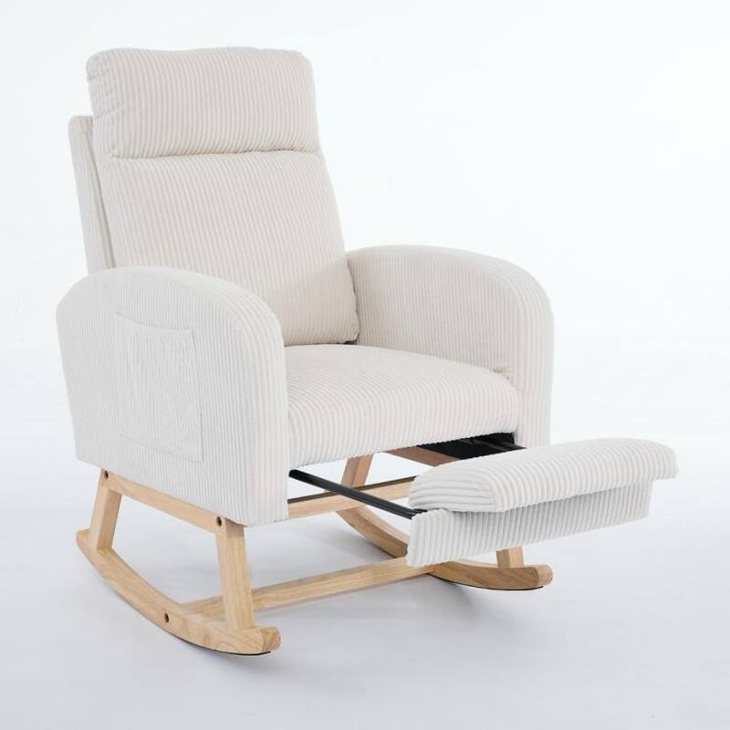 Rocking Chair with Wood Legs, Upholstered Nursery Glider Rocker, Comfy Armchair with Side Pocket, Living Room Lounge Arm Chair