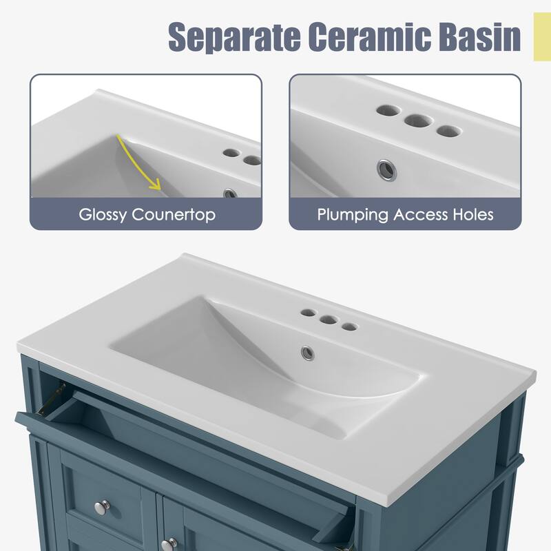 Bathroom Vanity Cabinet with Door Rack, Drawers of Different Sizes, Metal Textured Knobs, Roman Leg Design and Adjustable Shelf