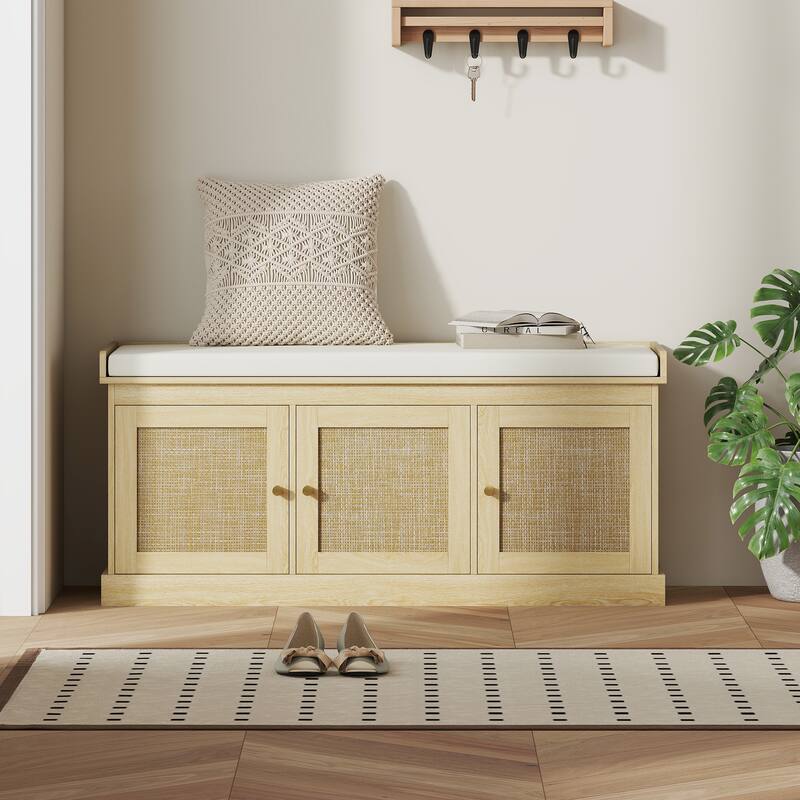 HOMCOM Shoe Bench with Woven Rattan Doors, Shoe Storage Bench with Cushion, Adjustable Shelves, Boho Style Entryway Bench