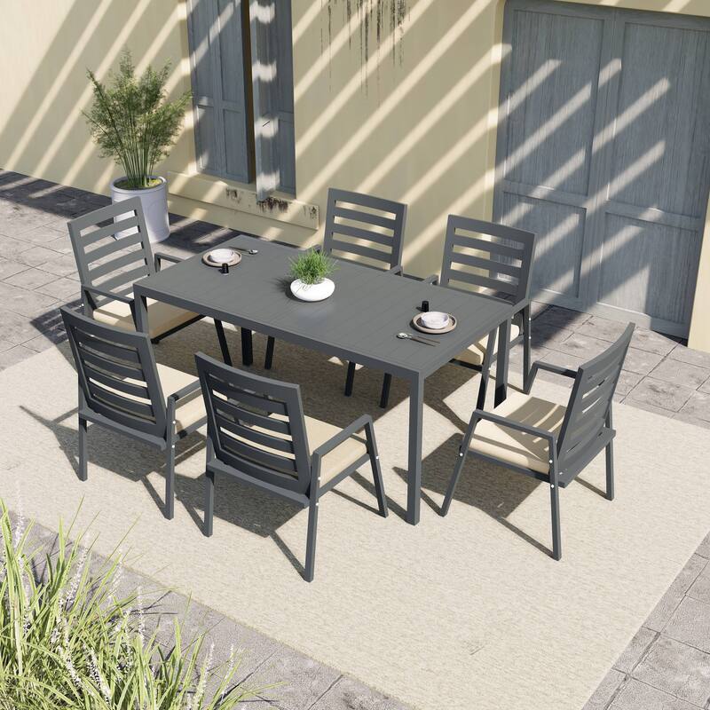Chelsea 7-Piece Aluminum Outdoor Dining Set 78 in. Rectangular Table and 6 Dining Armchair w/ Cushions - N/A