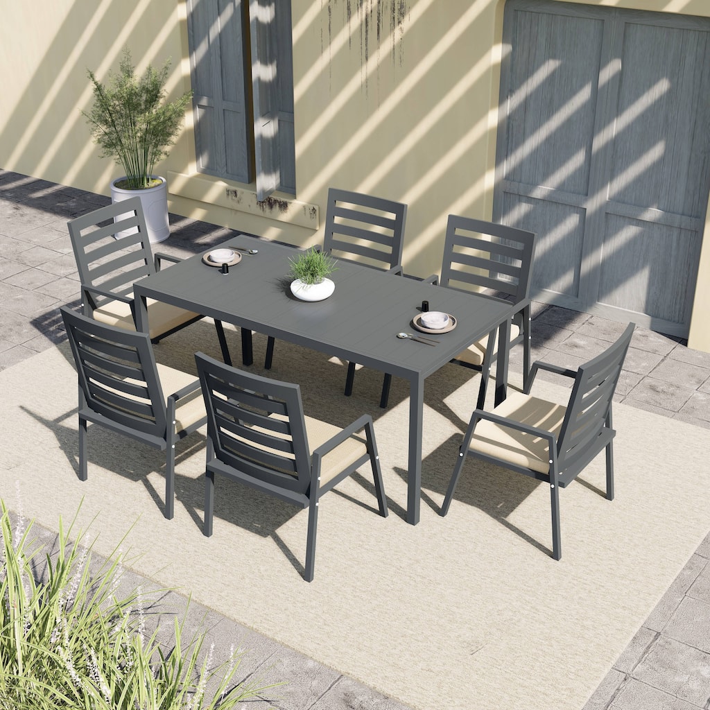 Chelsea 7-Piece Aluminum Outdoor Dining Set 78 in. Rectangular Table and 6 Dining Armchair w/ Cushions - N/A