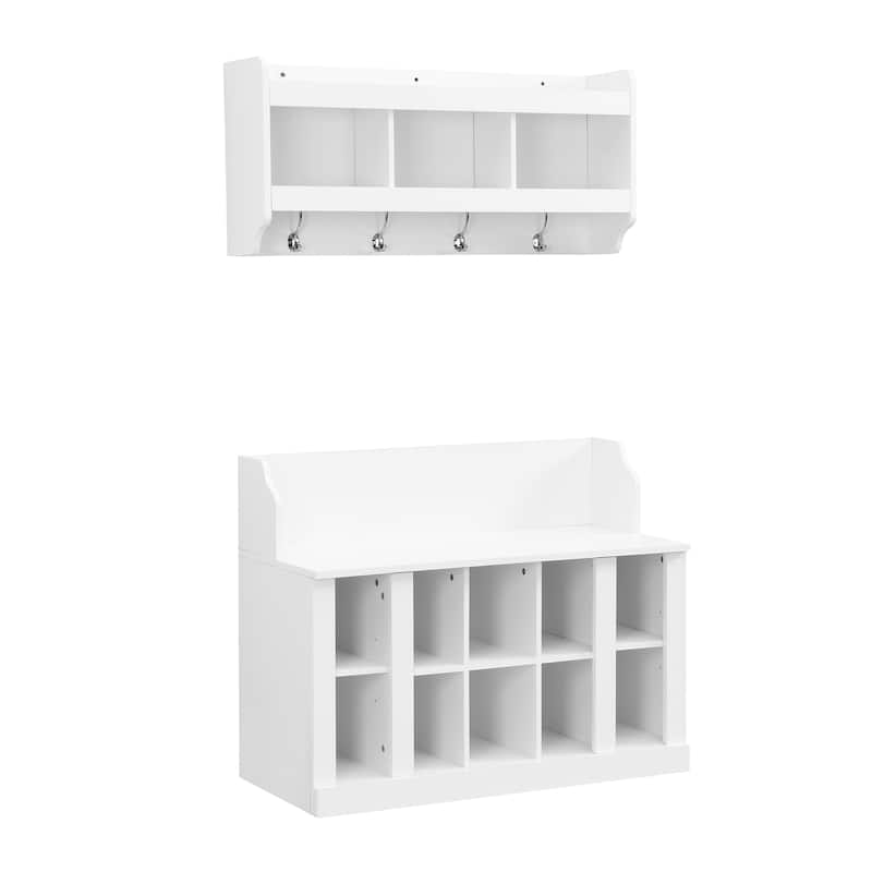 Roomfitters Shoe Storage Bench with Shelves and 4 Hooks, Elegant Hall Tree with Wall Mounted Coat Rack for Entryway
