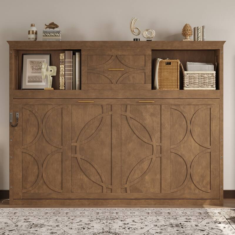 Rustic Casual Folding Twin Size Murphy Bed with Charging Station and Drawer