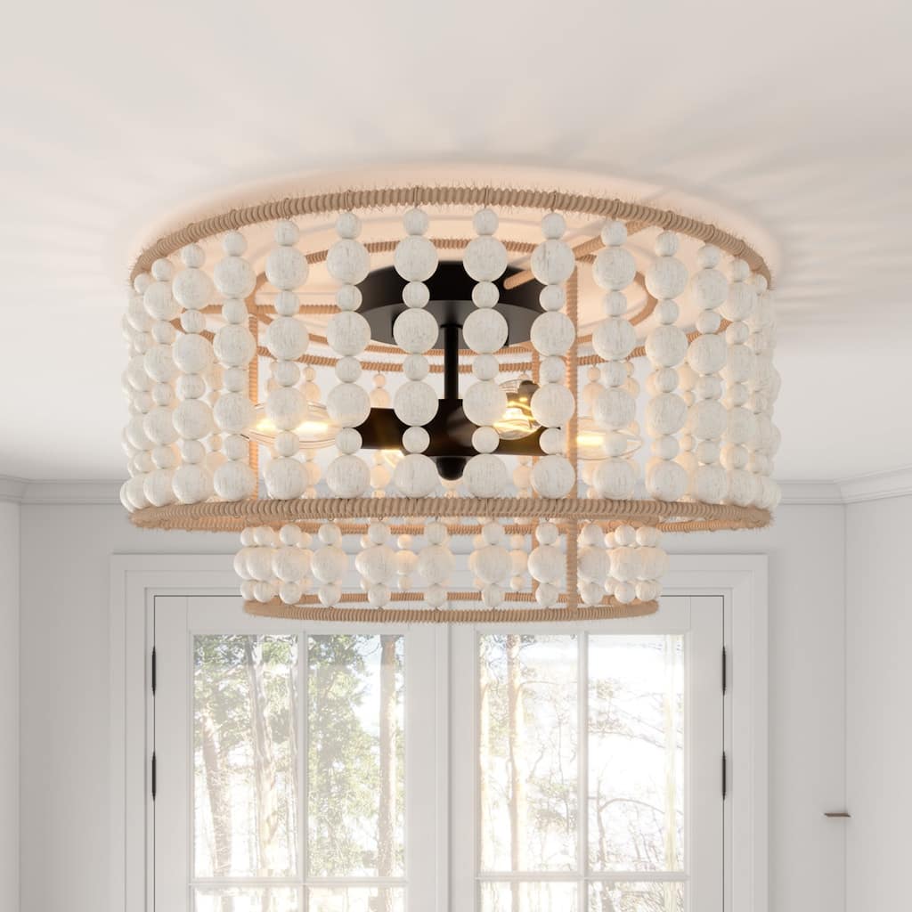 Keronue 3-light Farmhouse Wood Beaded Flush Mount Ceiling Lights