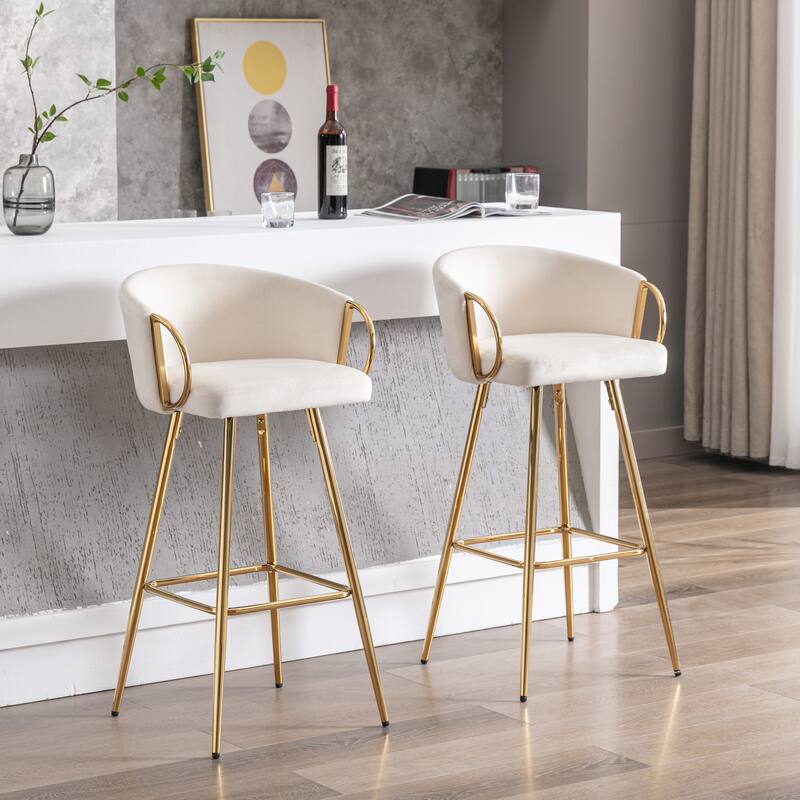 Velvet Bar Stools Set of 2, Counter Height Bar Chairs with Armrests, Kitchen Island Stools with Footrest and Golden Legs