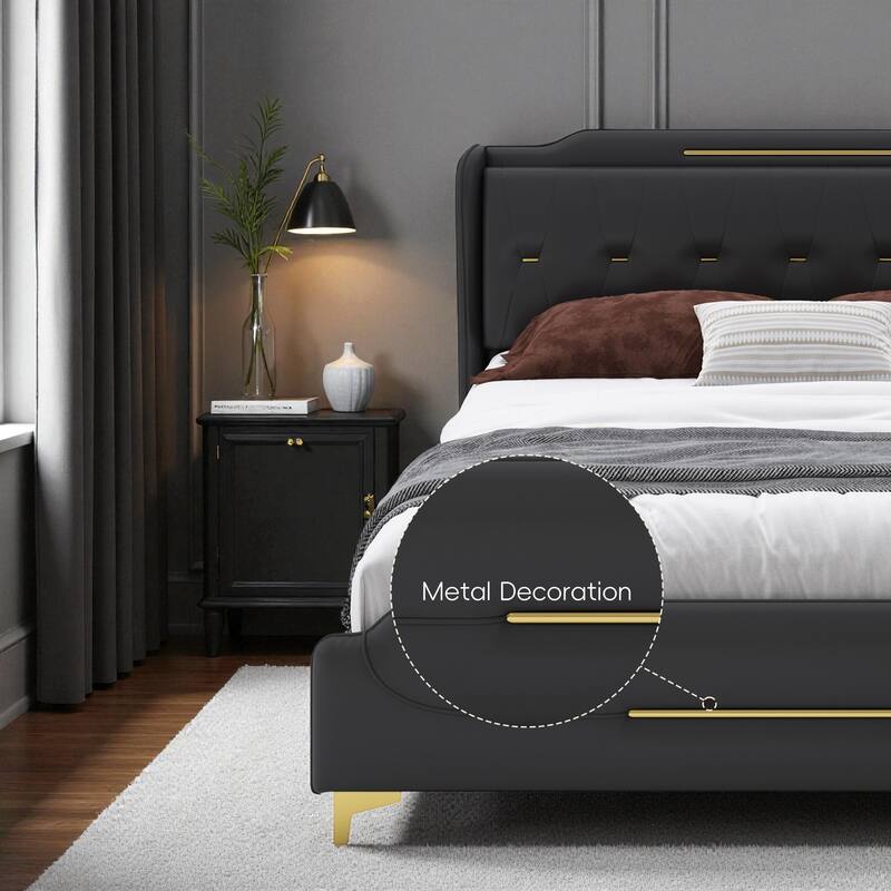 Queen/King PU Leather Upholstered Platform Bed with Wingback Headboard & Footboard, Gold Metal Accents and Wooden Slats