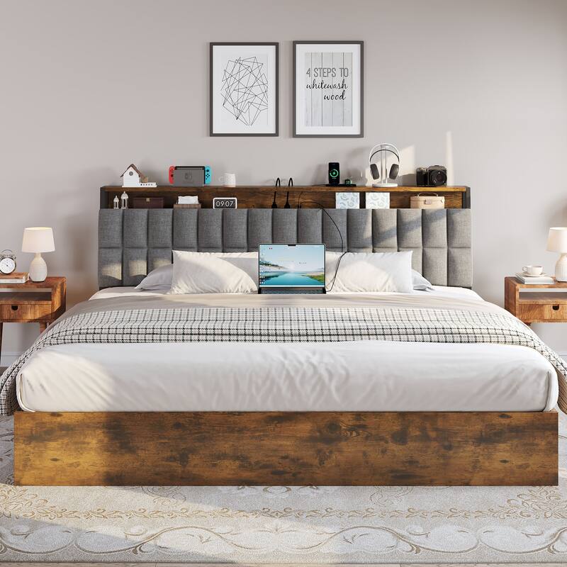 Moasis Lift-Up Storage Bed Frame with Charging Station & Storage Headboard