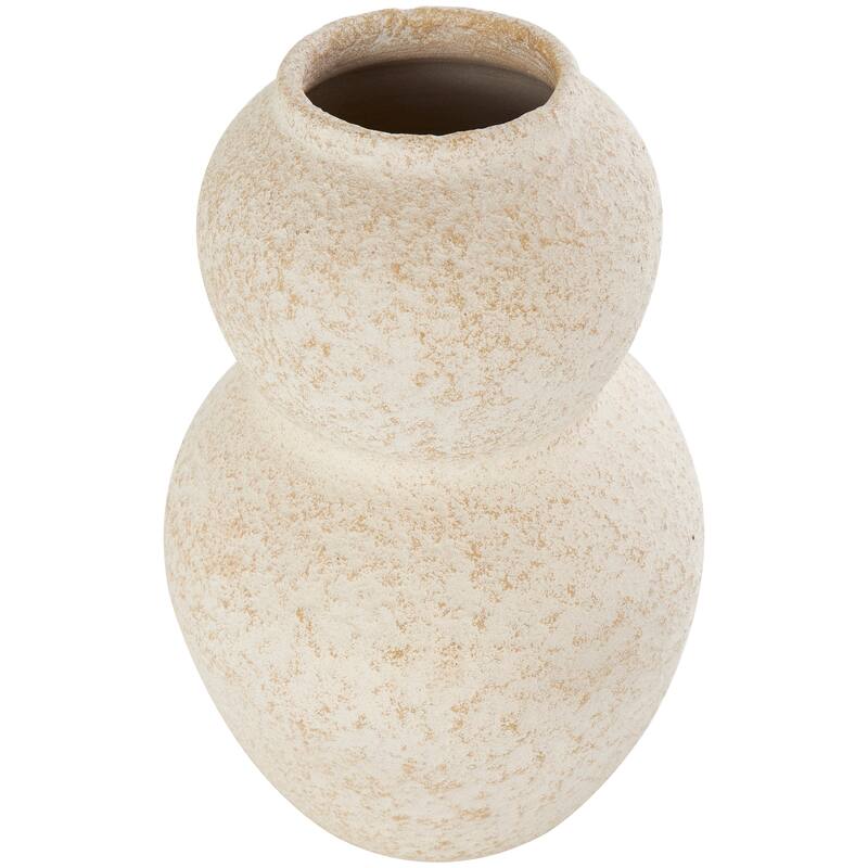 Cream Ceramic Hourglass Textured Vase with Brown Distressing