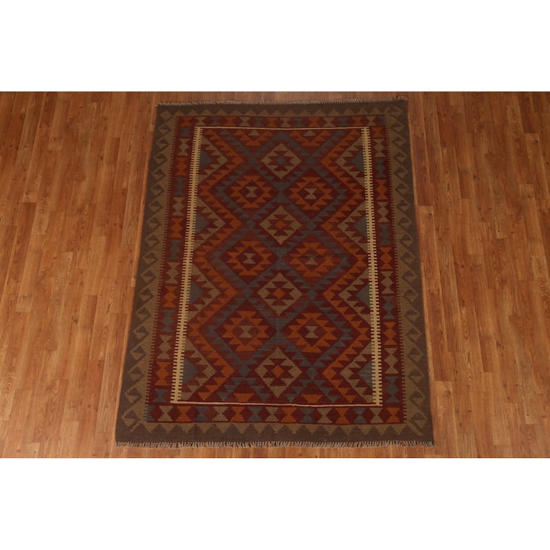 Tribal Geometric Kilim Oriental Area Rug Hand-woven Wool Carpet - 5'0" x 6'6"