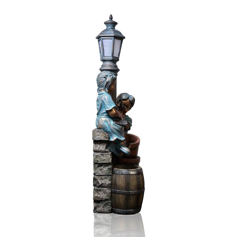 Storybook Outdoor Water Fountain with Boy and Girl Sculpture, Warm LED Lamp Post and Soothing Water Flow
