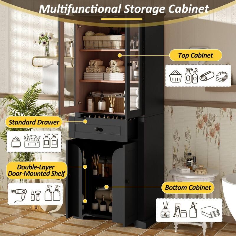 Modern 67.2"H Bathroom Storage Cabinet with Glass Doors Adjustable Shelves and Soft-Close Drawer