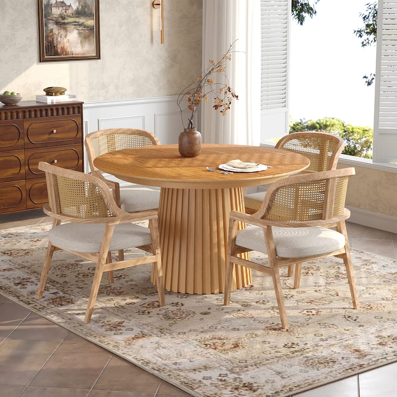 Christopher Knight Home - Mid-Century Modern Upholstered Cane Back Dining Chairs with Rubberwood Frame - Set of 4 - Beige+Natural