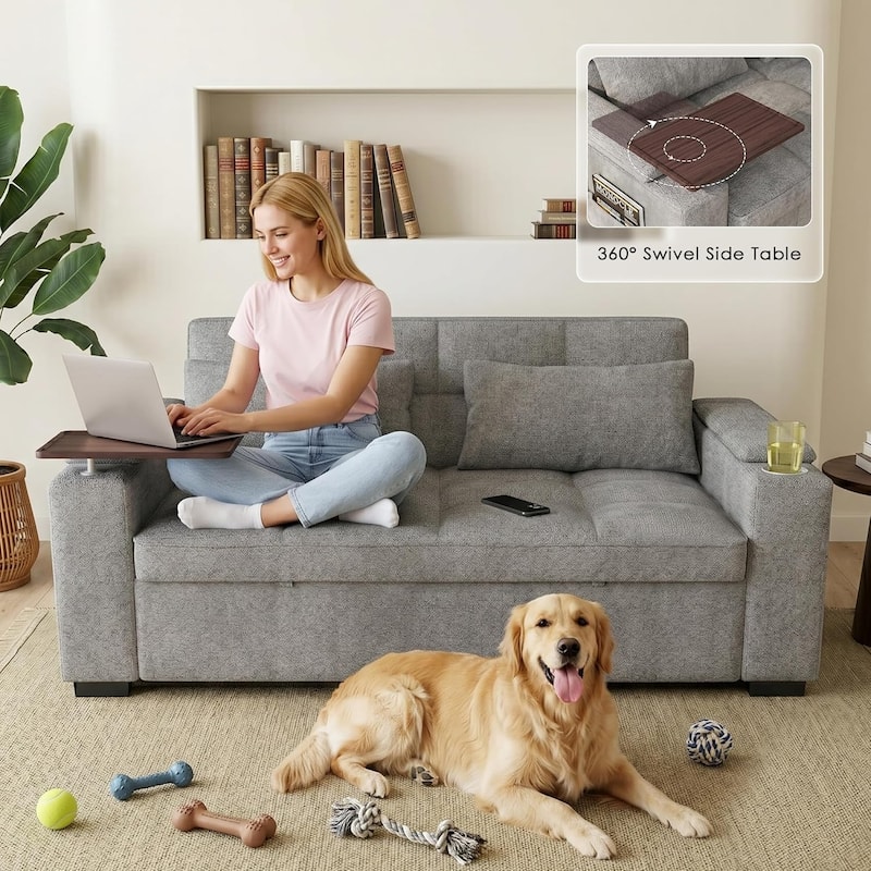 68" Chenille Fabric Sleeper Sofa Bed,Pull Out Couch with 360 Degree Swivel Side Table,USB Port,Cup Holder,Armrest Storage