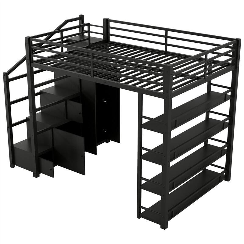 Full Size Loft Bed with Bulit-in Wardrobe and Cabinets, Metal Loft Bedframe with Storage Staircase and Open Shelves