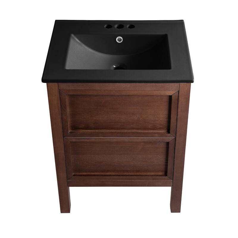 Nadar 24 In. Brown Walnut Bathroom Vanity With Black, 3-Hole Ceramic Sink Top