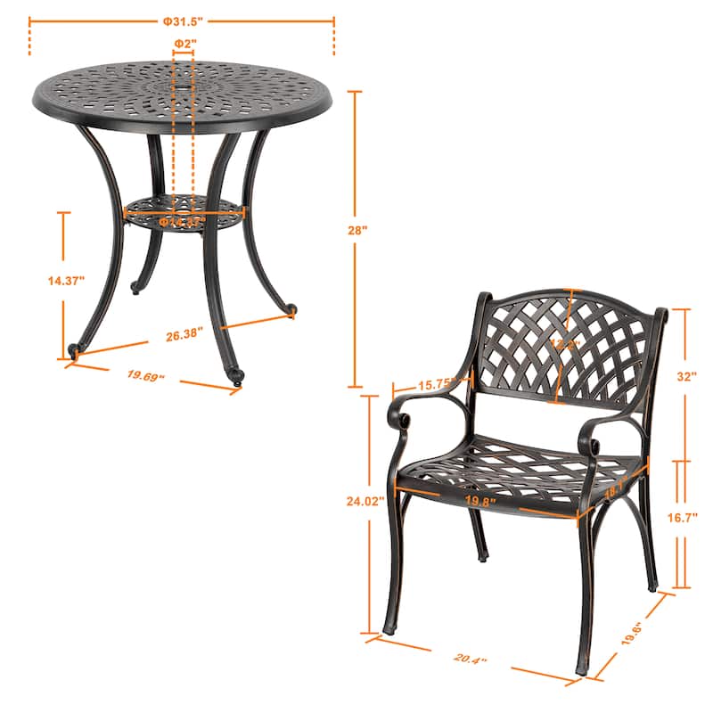 Outdoor 2-Person Cast Aluminum Bistro Set with Umbrella Hole