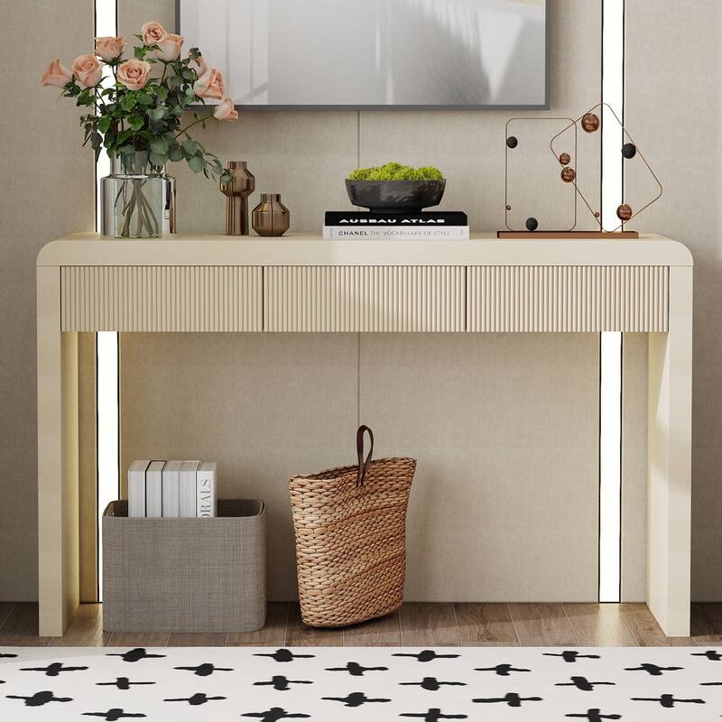 Console Table with 3 Fluted Drawers - Solid Wood Veneer Entryway Table Featuring Natural Wood Grain for Living Room, Hallway - Apricot