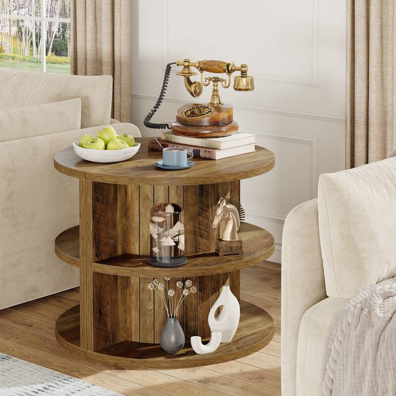 Half Round Side Table, 3-tier Wooden End Table with Storage Shelves