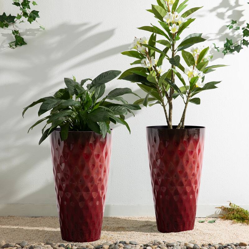 Glitzhome 23.75"H Set of 2 Oversized Wavy Texture Cobalt Blue/Turquoise/Red Tall Plastic Planter
