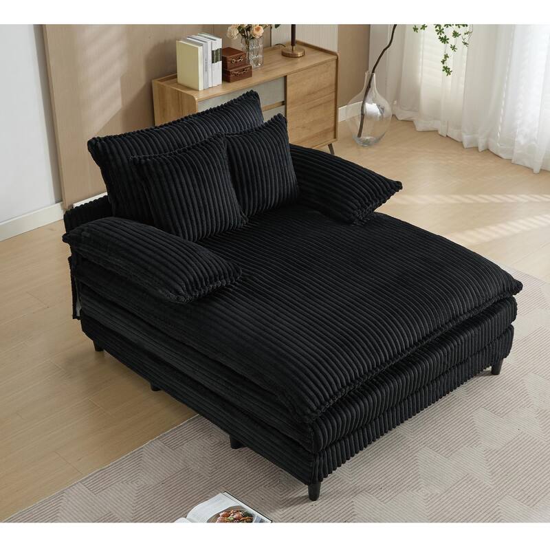 54.75" Oversized Chaise Lounge Chair, Fluffy Corduroy Sleeper Sofa with Adjustable Backrest, Deep Seat & 3 Pillows