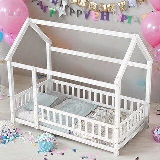 Twin Size Floor Wooden Bed House Bed with House Roof Frame and Fence Guardrails