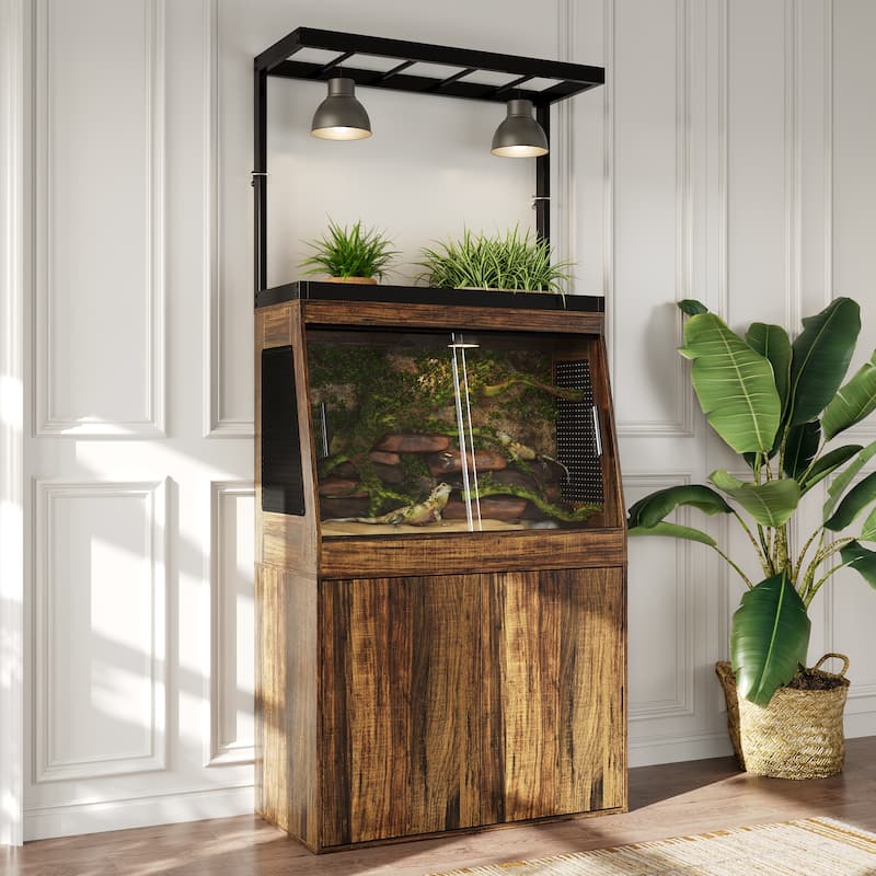 Multi-Functional Reptile Terrarium Cabinet with Sliding Glass Doors, Plant Shelf & Storage Base Vivarium Stand with Lighting Bar