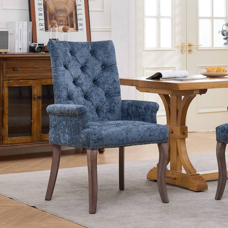 Upholstered Chenille Fabric Accent Dining Chair, Curved Solid Wood Legs, Elegant Tufted Club Dining Room Kitchen Room Arm