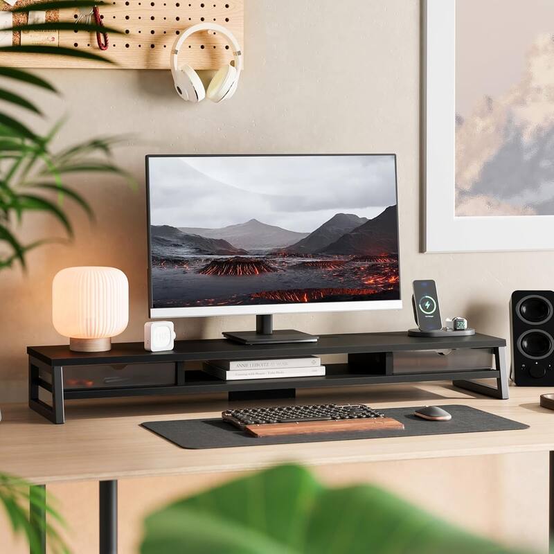 Fenge Dual Monitor Stand Riser for Desk, 42.5in Large Monitor Stand for 2 Monitor - 42.5x9.2x5.4 inches - Black-Drawer