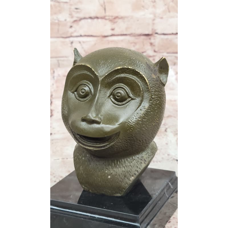 Abstract Bronze Primate Sculpture – Smiling Monkey Bust On Marble Base