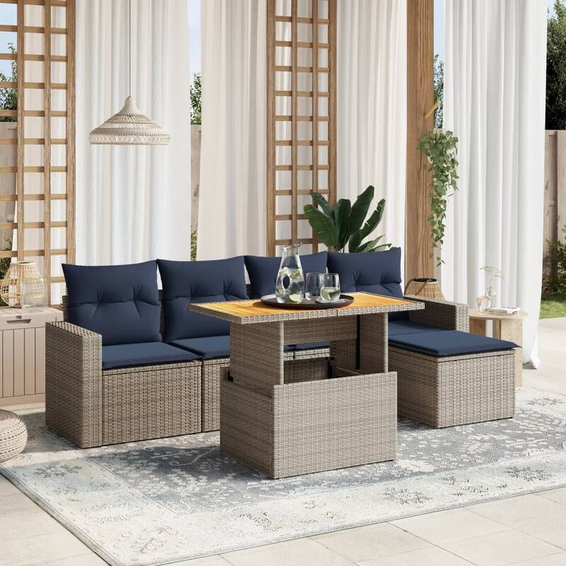 vidaXL Patio Sofa Set with Cushions Outdoor Furniture 6 Piece Poly Rattan - Gray - 21.7" x 21.7" x 14.6"