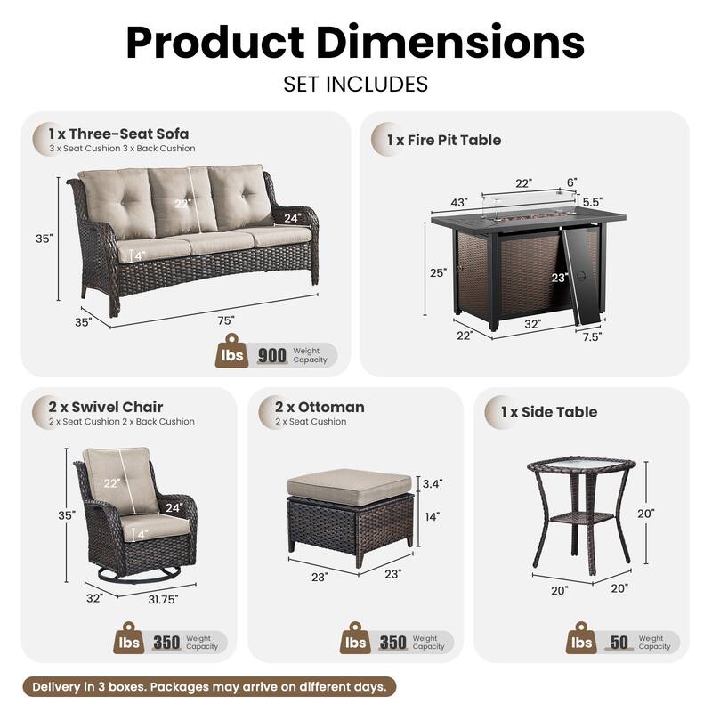 Gymojoy 7-Piece Patio Set w/ 55K BTU Fire Pit, 3-Seater Sofa, Swivel Rockers & Ottomans for Backyard, Deck