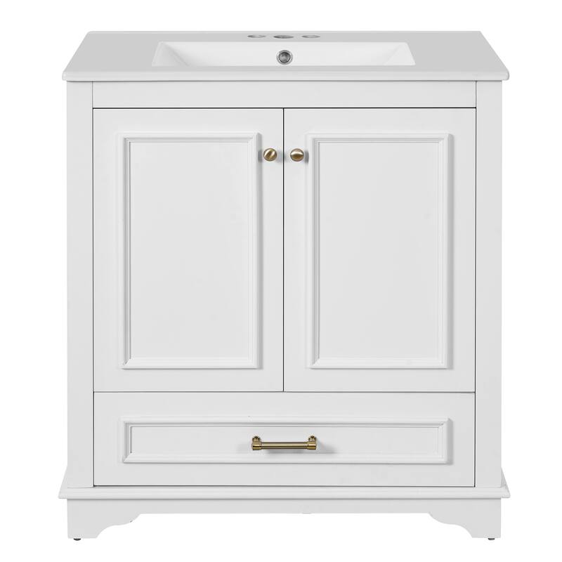 Luxurious 30" Bathroom Vanity with Ceramic Sink, 2 Soft Closing Doors & Solid Wood Frame Storage Cabinet