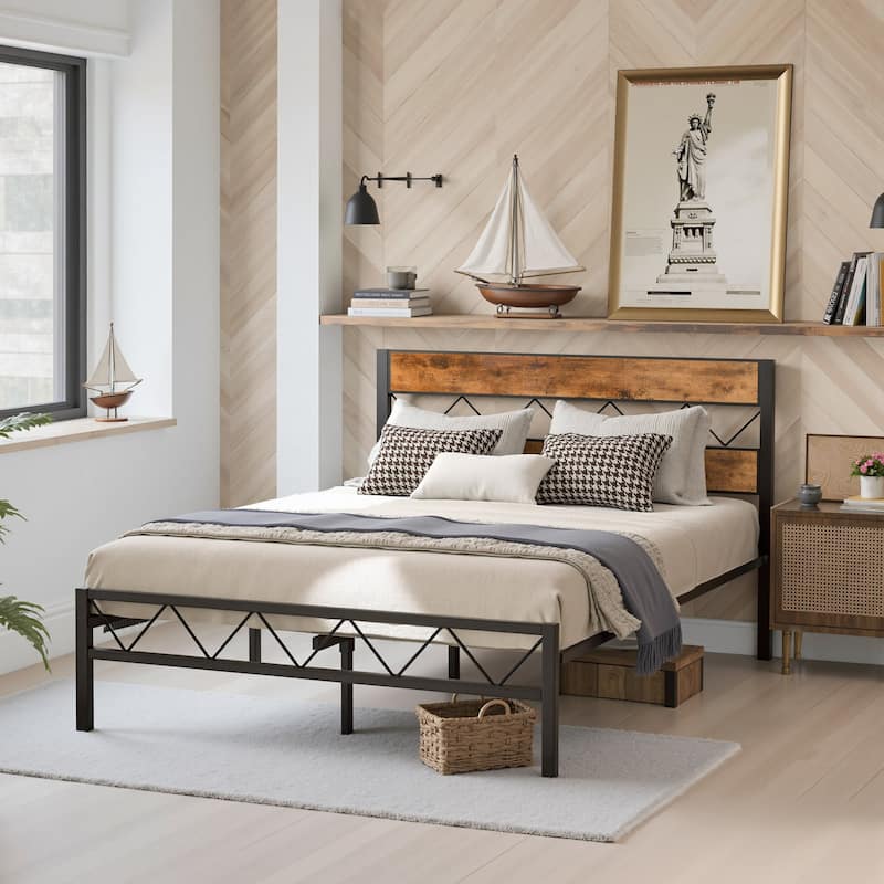 VECELO Vintage Metal Platform Bed Frame with Wood Headboard, Storage Bed, Noise-Free, No Box Spring Needed, Twin/Full/Queen Size