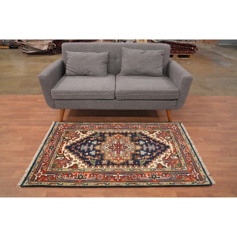 Hand Knotted Oriental 100% Wool Carpet Traditional Medallion Navy Blue & Blues Heriz (serapi) Area Rug - 5' 0'' X 3' 0''